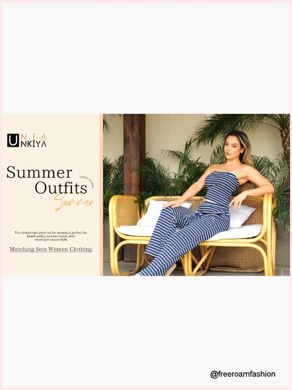 Women's Two Piece Striped Lounge Set Strapless Tube Top and Wide Leg Pants - Picture 7 of 7